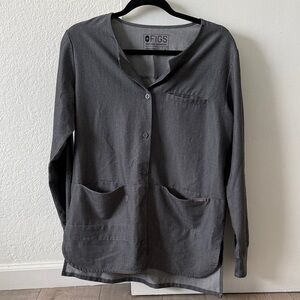 XS Pre-loved Figs Gray Button-Up scrub jacket. Has some stains. Please see pix